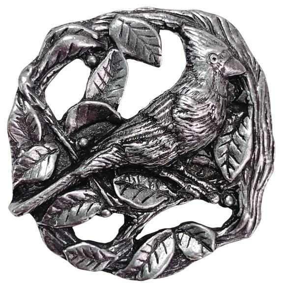 Vintage 1999 Birds & Blooms Pewter Cardinal Figural Leaf Bird Brooch Pin - Picture 1 of 7